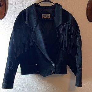 VTG, 80s Stylish Black Fringe Women's Blazer Leather Jacket Size Appropriate L
